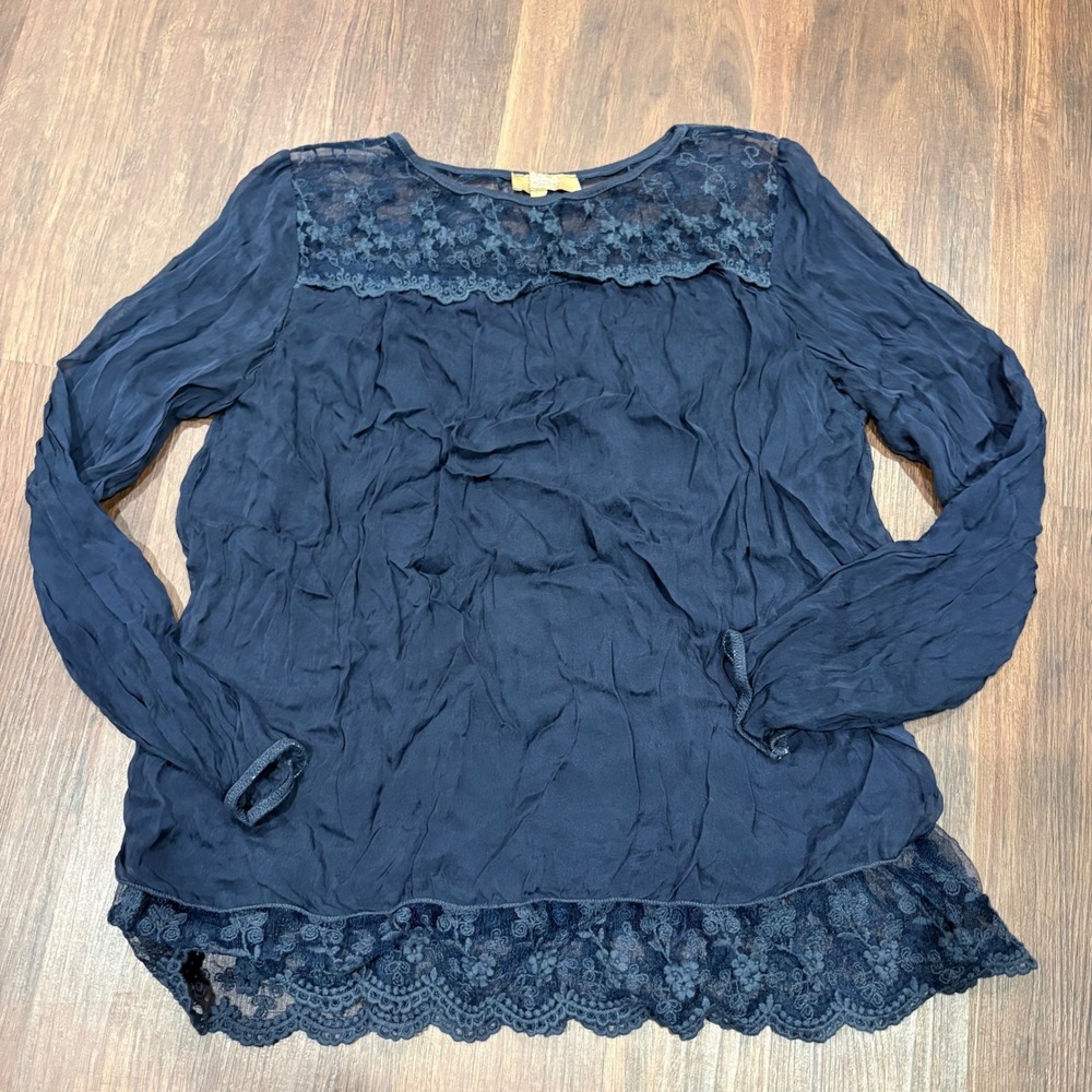 Carla Conti Whimsigoth Sheer Layered Lace Silk Blouse S Italy  Blue Earthy Boho